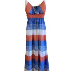 Dots Blue Orange White Striped Skinny Strap Maxi Dress Sundress Women's Size S