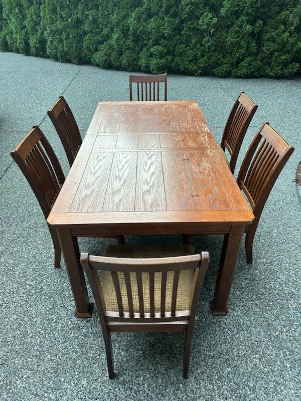 Vintage Solid Oak Dining Table And 6x Vintage Wood Dining Chairs (5