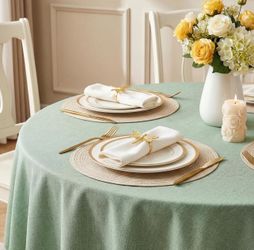 Textured Linen 54 Inch Round Tablecloth - Sage Green Waterproof Spill-Proof Wipeable Table Cloth Wrinkle Free Circle Dining Table Cover for Spring Bir