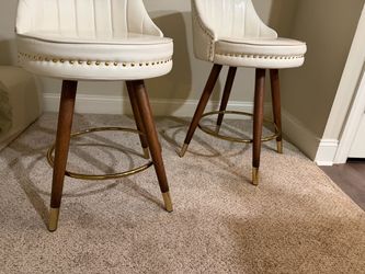 Set of 2 Cream Leather Bar Stools with Gold Nailhead Trim
