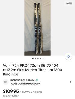 Mens 177.4 cm Volkl Skis W/ski binding, poles & travel/carrying bag