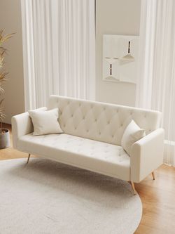 71 inch convertible love seat sofa, American retro beige velvet, suitable for small living room, bedroom, office
