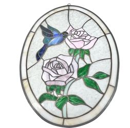 Vintage Oval Stained Glass Hummingbird Rose Window Panel Suncatcher 20x15