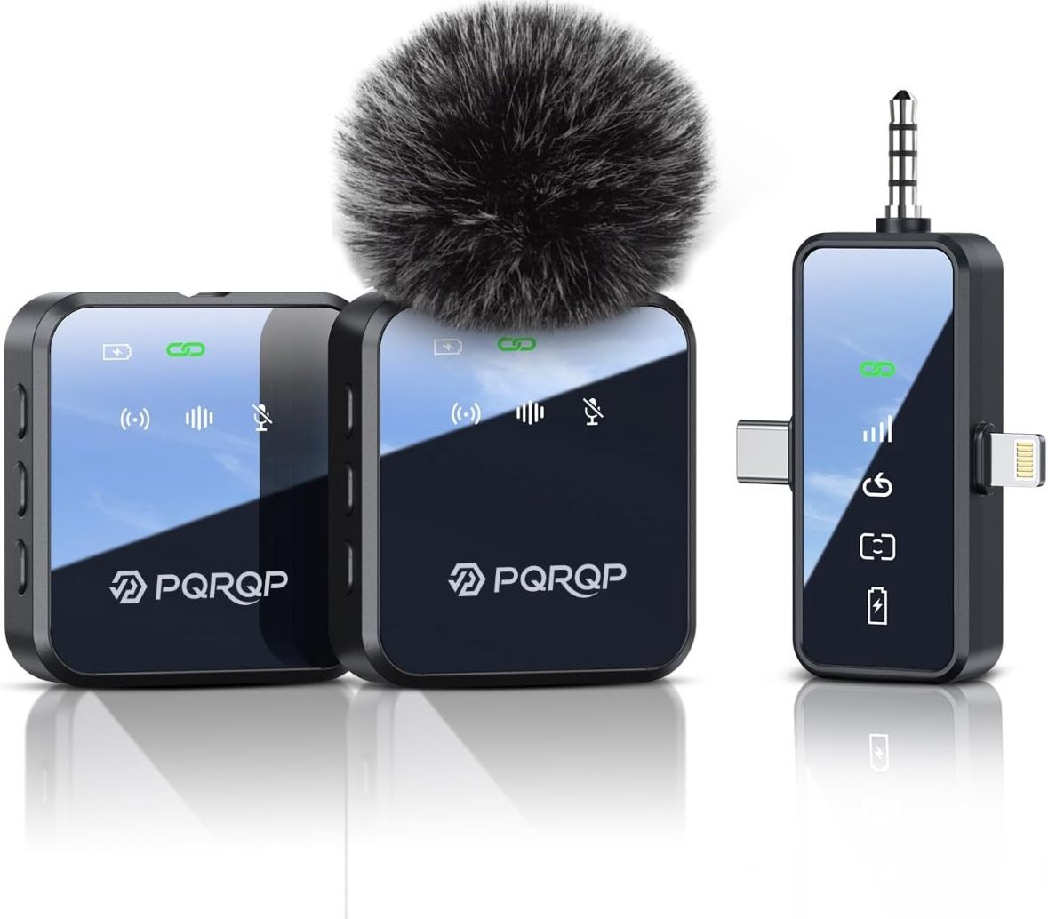 PQRQP 3 in 1 Microphone for iPhone/Android/Camera, Wireless Microphones, 328ft Transmission, 18H Battery Life, Mini Microphone for Record Interview, V