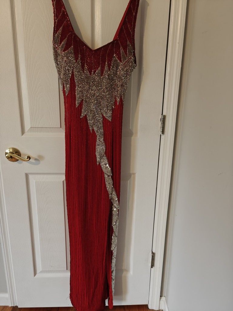 100% Hand Beaded Red Gown With Slit, Size M