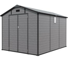 New in Box 8x10 FT Plastic Outdoor Storage Shed Lockable Resin Tool Shed w/ Window & Floor Dark Gray