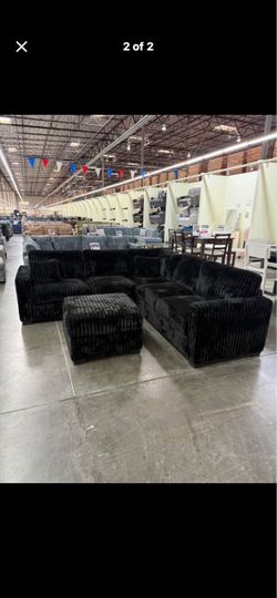 Black Onyx Plush Corduroy Sectional with ottoman and accent pillows 99x99 pick up can deliver