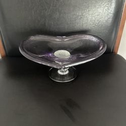 Murano Italy White Cristal Hand-blown Large Heart Pedestal Open Bowl Purple Droplet Motif.