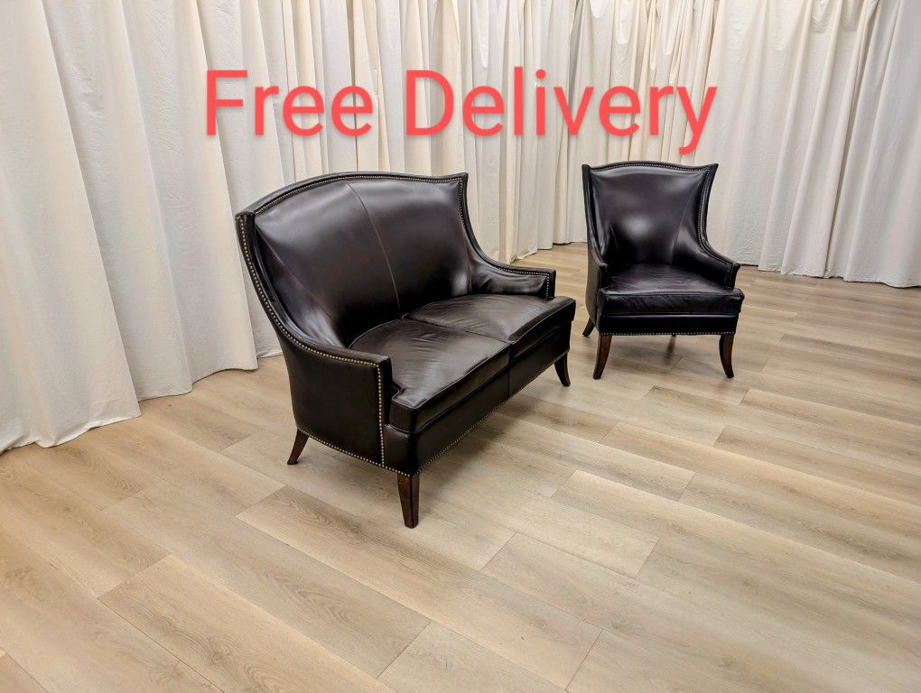 Walter E. Smithe Batwing Studded Leather Loveseat and Chair Set