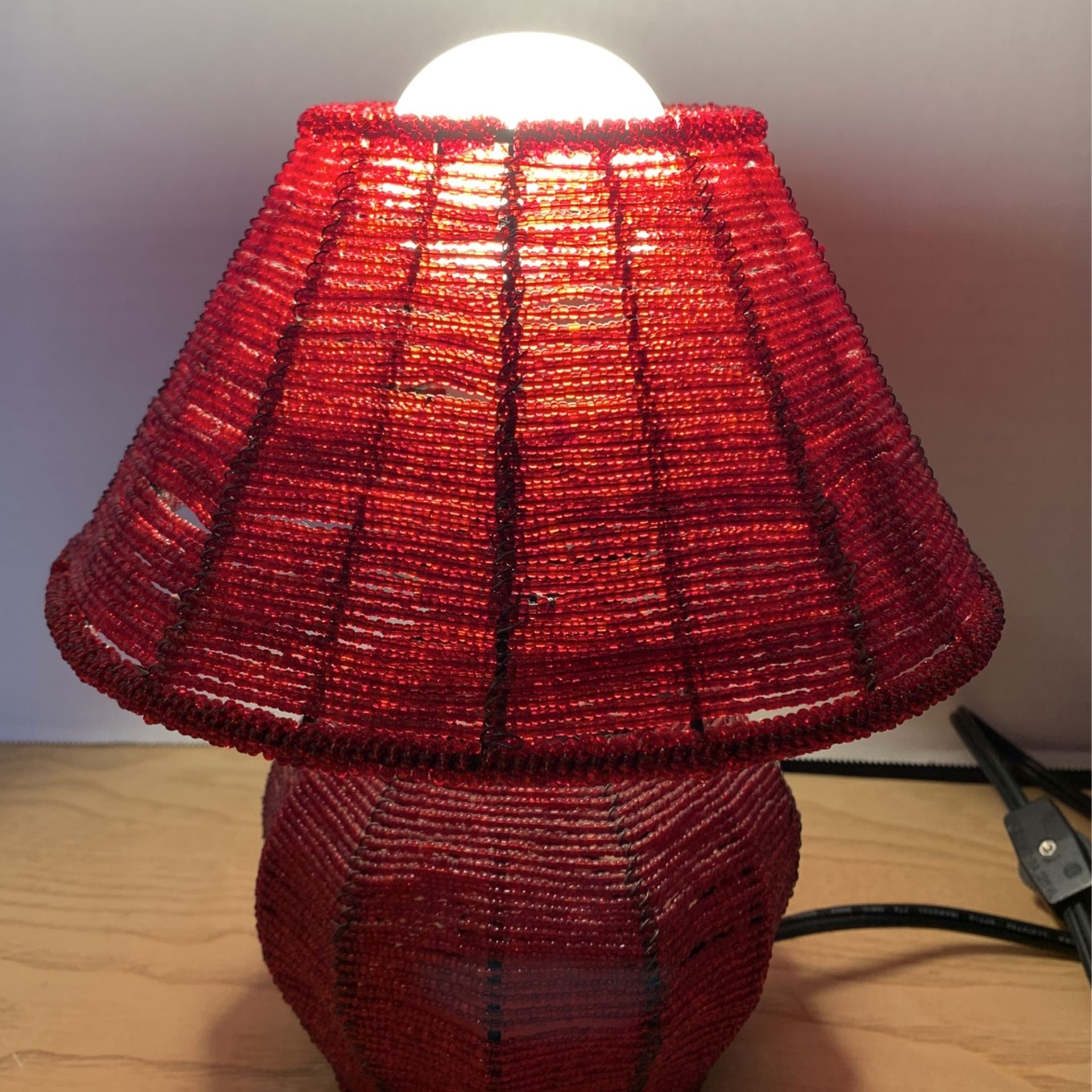 Beaded Lamp Vintage Maroon Glass Beads  10”x 9”  B19