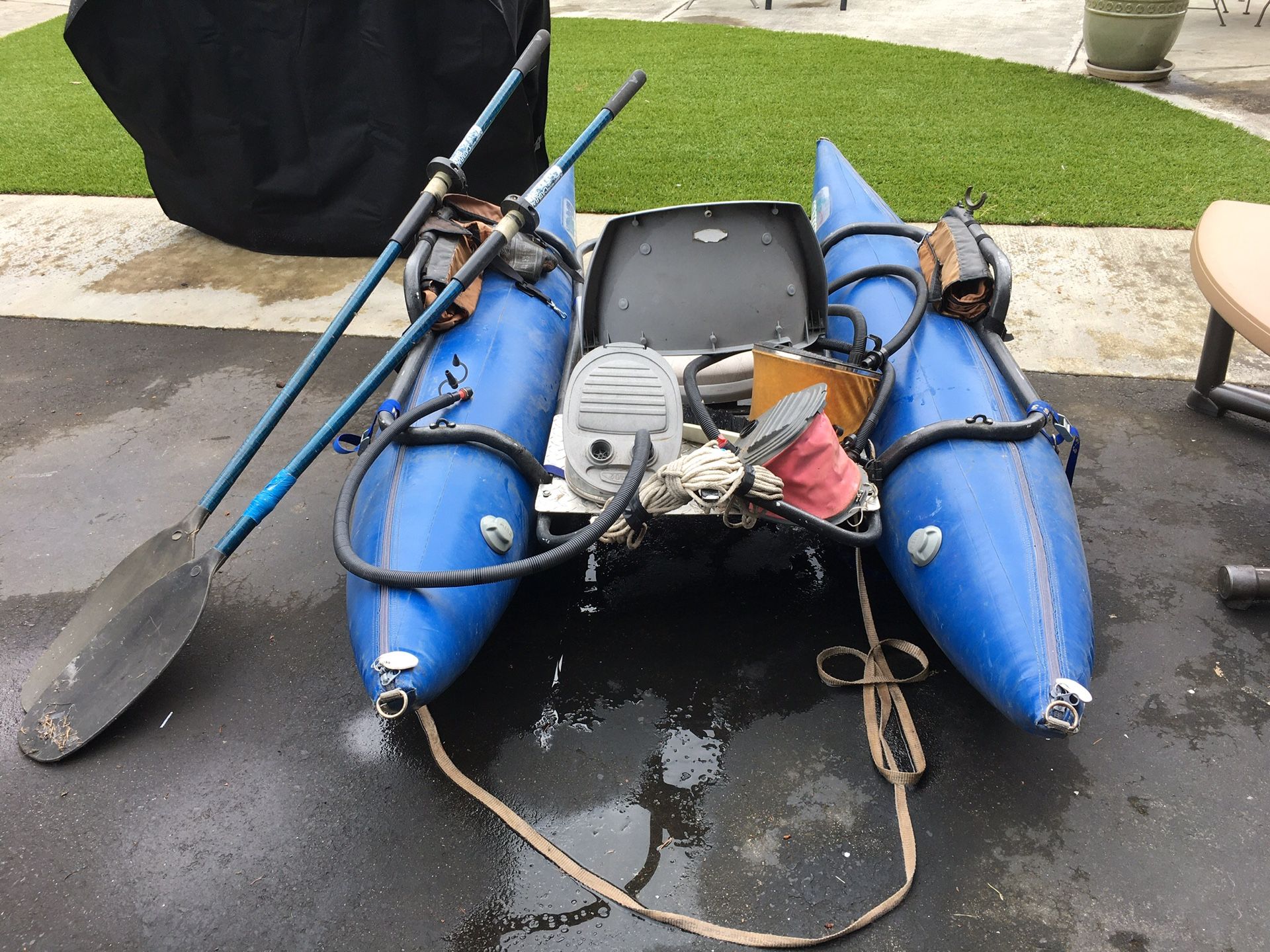 Outcast pontoon boat. Fly fishing lake and stream