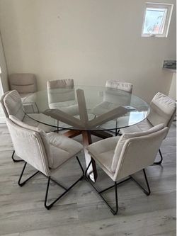 Modern Dining Set - 59” Round Glass Top Table with 6 Upholstered Chairs