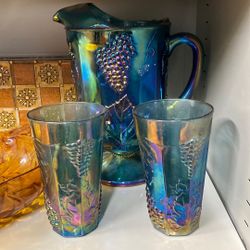 Carnival Glass Pitcher And Two Glases