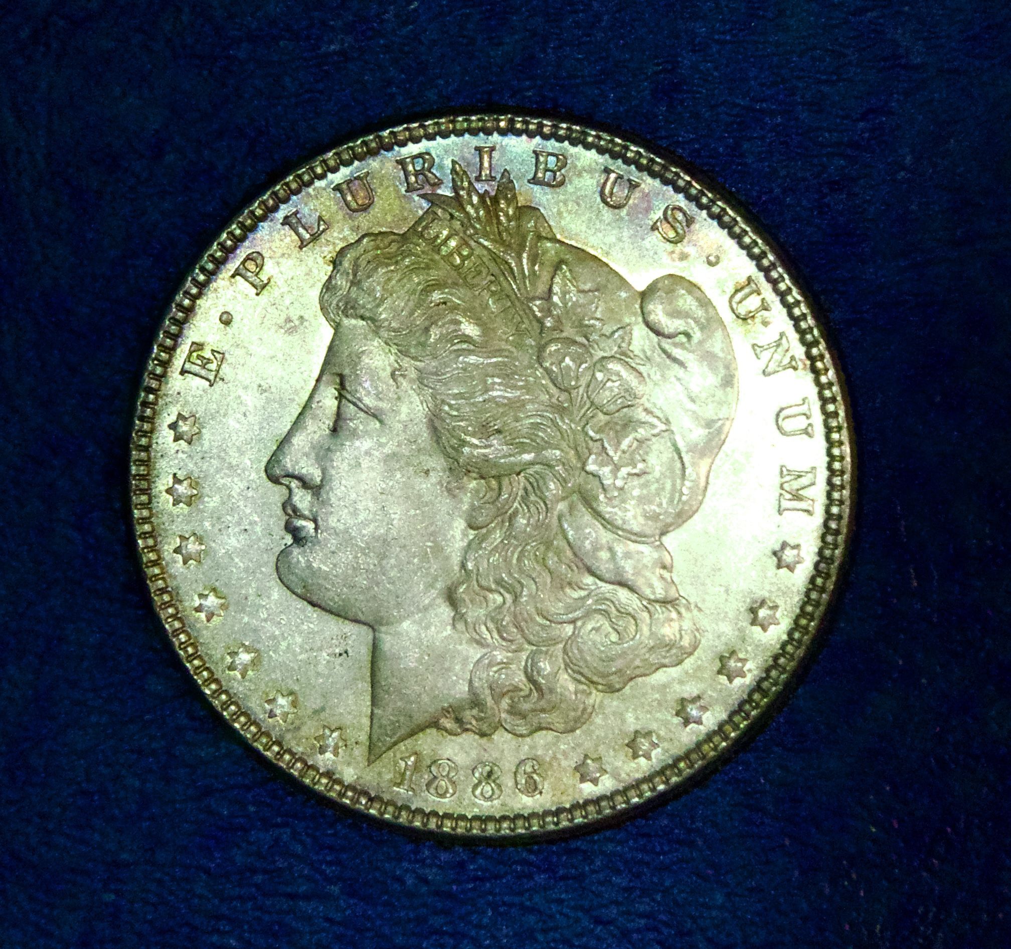 1886 āPā AU Morgan Silver dollar w rainbow toning