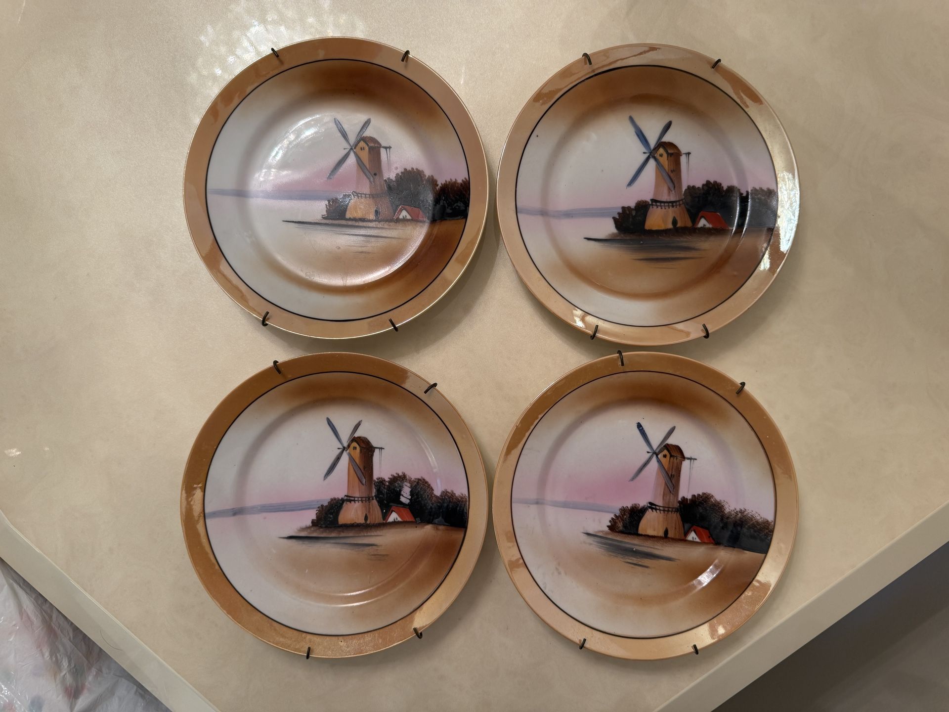 Vintage Set of 4 Noritake Chikaramachi lusterware hand painted windmill plates