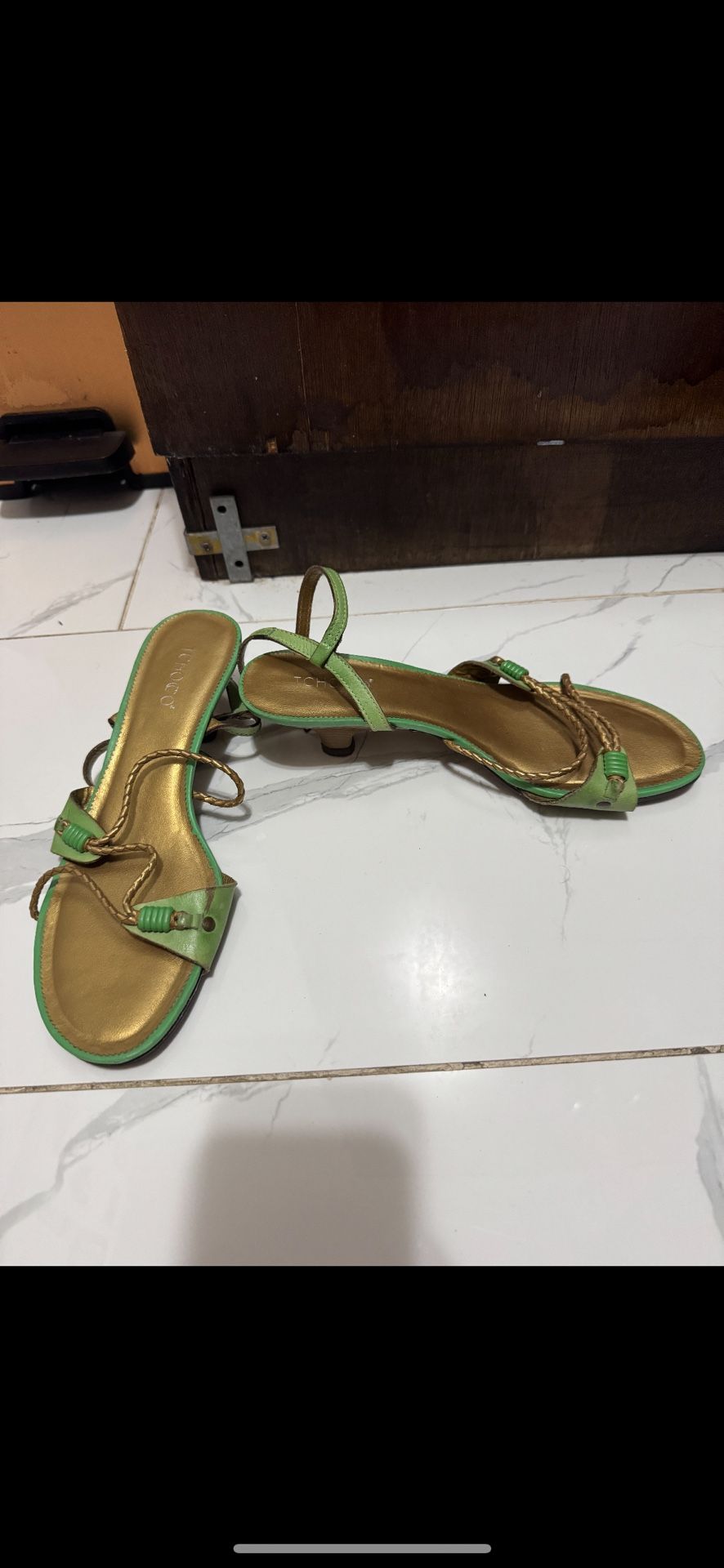 Title: Tchoco Green and Gold Strappy Sandals (Size 8) Description: Add a pop of color to your footwear collection with these vibrant Tchoco strappy