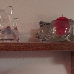 Wood Shelf W/2 Cat Shaped Clear Glass Candle Holders