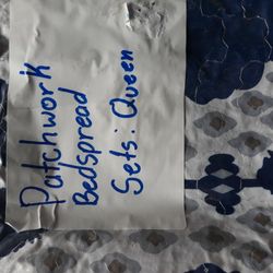 Patchwork Bedspread Set Queen Size, Blue, White and Pink Flowers