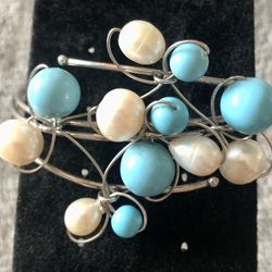 Cuff Bracelet Marked 925 Italy, With Pearls And Turquoise Beads