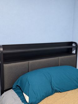 Full  Black Headboard with Shelf and Upholstered Panel