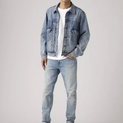 Levi's Slim Taper Stretch Selvedge Denim Jeans Light Blue Button Zip 5-Pocket