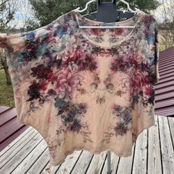 Closet Full Women's Scoop Neck 3/4 Sleeve Floral&butterfly Motif Shirt Sz XL
