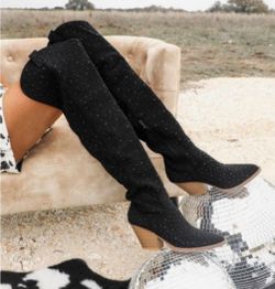 Black Glitter Tigh High Western Style Boots