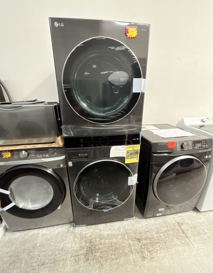 27 WIDE BLACK STAINLESS LG THINQ FRONT LOAD STACKABLE WASHTOWER for