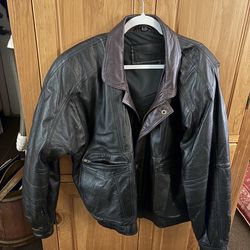 Vintage 90s Expressions Worldwide Leather Bomber Jacket Black & Plum Purple XL Oklahoma Seal Buttons