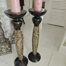 Carved Wood Floor Candle Holders 