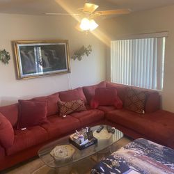 2Piece Red Sectional Sofa And Ottoman