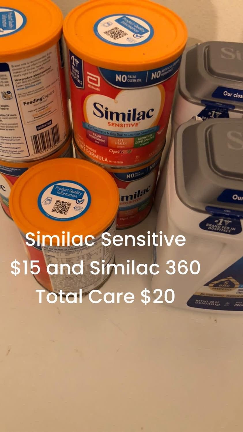 Similac Sensitive $15 A Can And Similac 360 Total Care $20 A Piece.