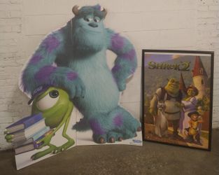 LIFE SIZE SULLY/MIKE CARD BOARD MONSTARS CUTOUT & HUGE SHREK 2 FRAMED POSTER