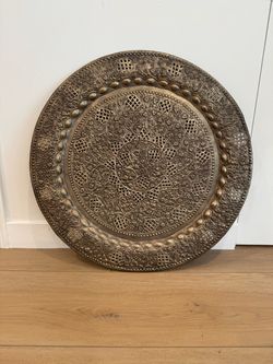 Large Vintage Ornate Embossed Metal Decorative Plate 23" Oriental Style