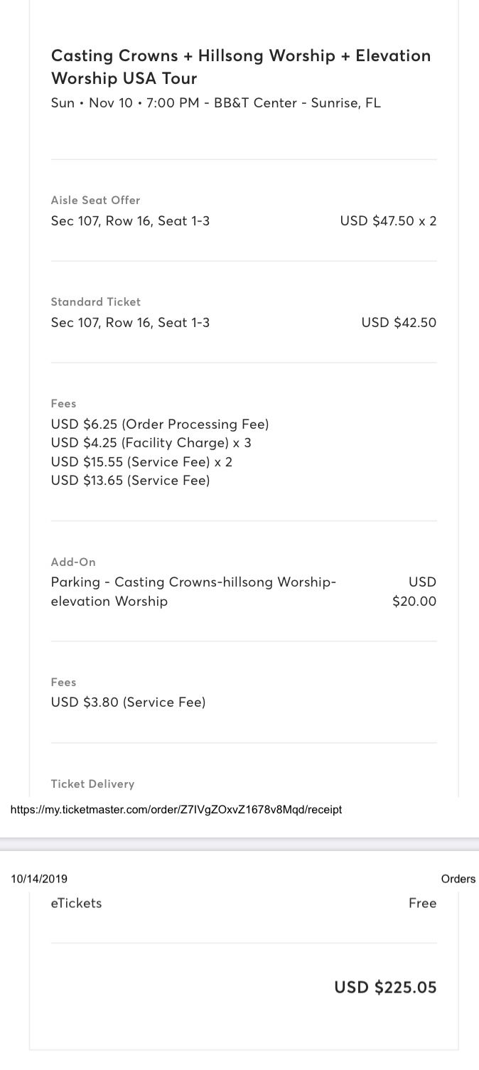 3- Concert tickets - Casting Crowns, Hillsong Worship, + Elevation Worship.