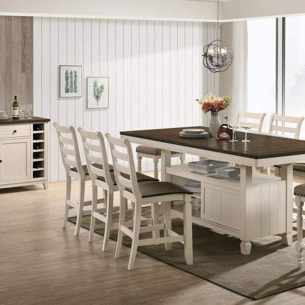 FARMHOUSE OAK ANTIQUE WHITE FINISH 9 PIECE COUNTER HEIGHT DINING TABLE