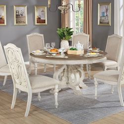 5 PIECE ROUND DINING TABLE SET ANTIQUE WHITE TWO TONE FINISH COMEDOR MESA SILLAS