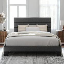 Queen Upholstered Platform Bed Frame – Dark Gray