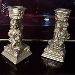 Vintage Cherub Gold Tone Candle Holders Hollywood Regency Pair