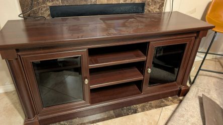 Dark Wood TV Stand with Glass Doors