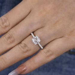 Moissanite 1.5 Carat White Gold Cushion Cut Wedding Bridal Engagement Promise Sterling Silver Ring