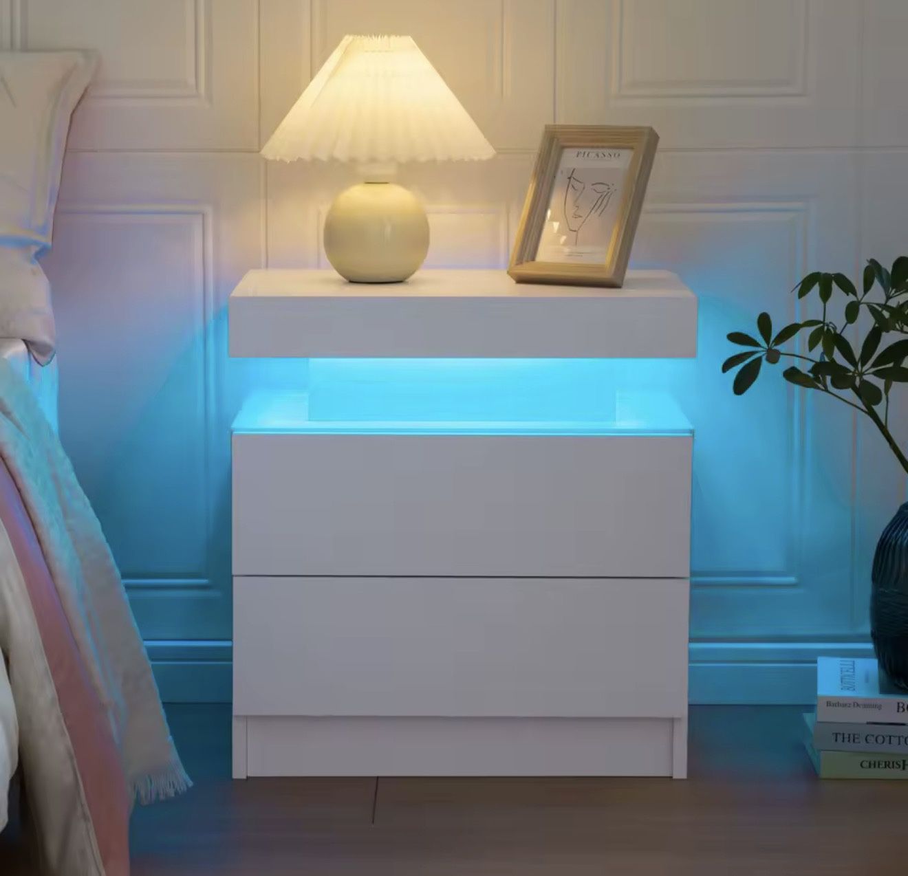 Cubehom LED Nightstands with 2 Drawers, End Table with RGB LED Lights for Bedroom Living Room, White Bedside Table