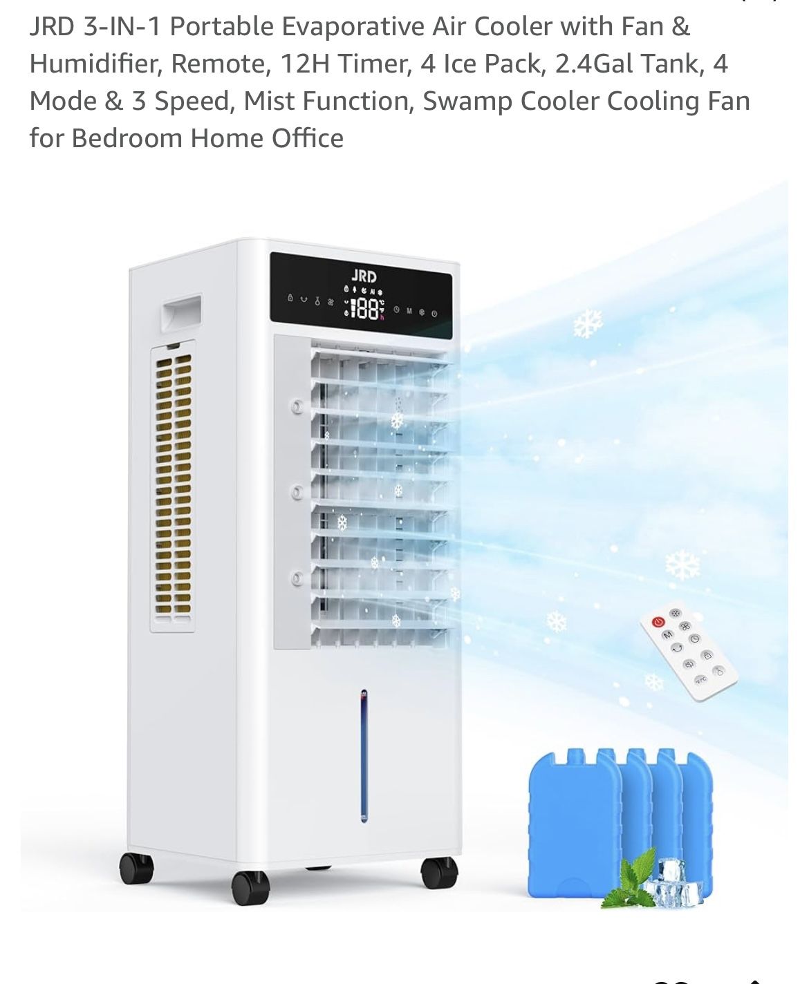3-IN-1 Portable Evaporative Air Cooler with Fan & Humidifier, Remote, 12H Timer, 4 Ice Pack, 2.4Gal Tank, 4 Mode & 3 Speed, Mist Function, Swamp C