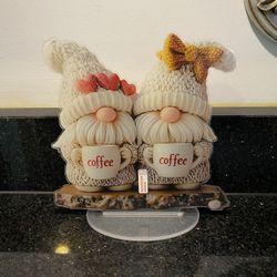 Two Cute Gnomes Holding Coffee Mugs Flat Decor for Good Luck Warmth & Comfort