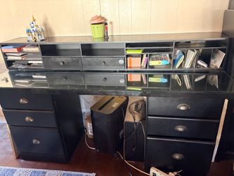 Black Wood Desk with Hutch and Drawers