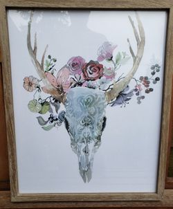 Deer Skull with Flowers Glass Framed Artwork ~ Contemporary Art ~ Boho Style