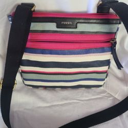 Fossil Eliza Black Multi Stripe Coated Canvas Crossbody Messenger Bag
