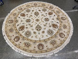 Beige Floral Pattern Hand Knotted Round 6.5′ Area Rug