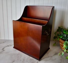 Vintage Cherry Wood Magazine Rack with Brass Handles 10” x12”