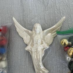 Christmas ornaments for a small tree and a porcelain wall angel, all for $5